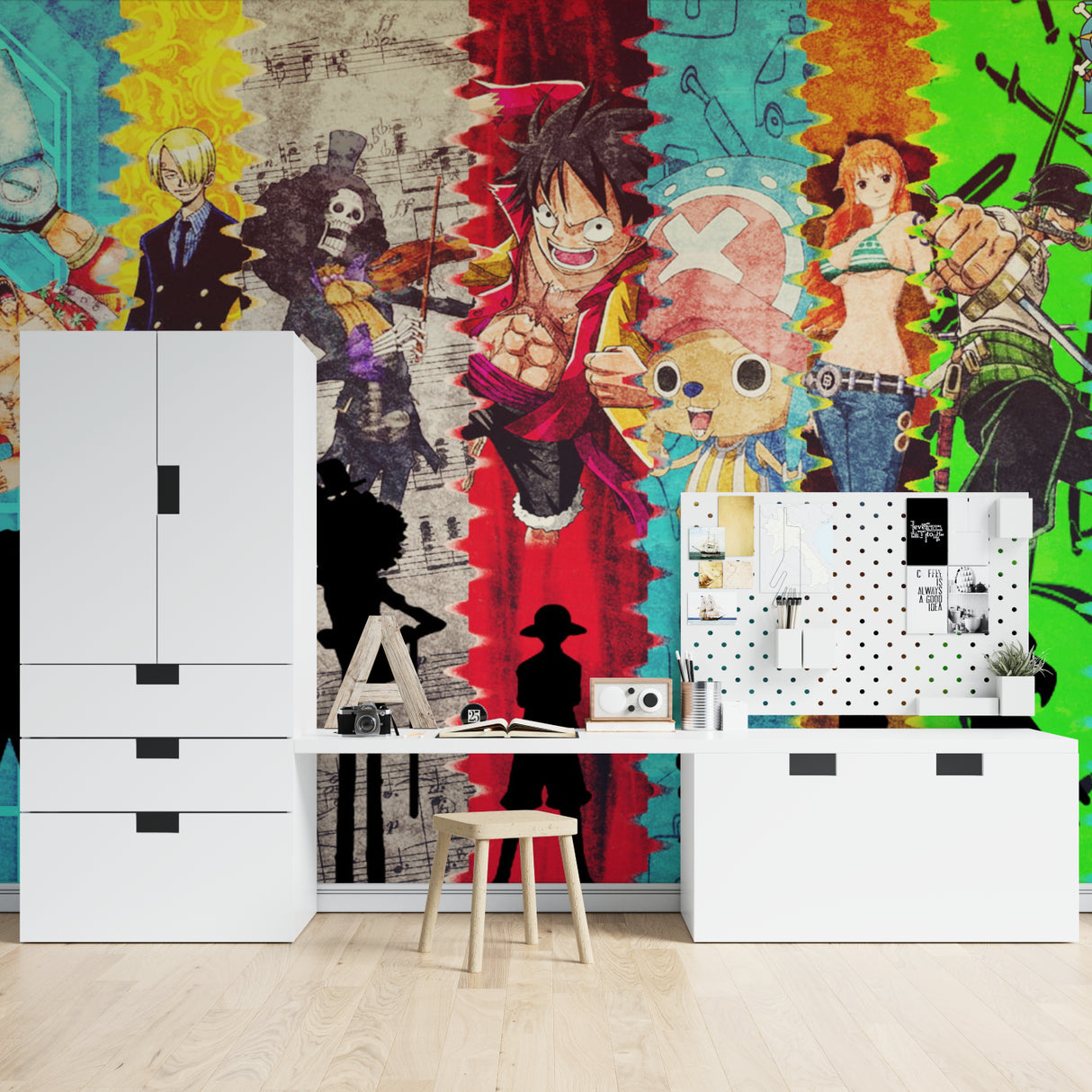 Manga wall mural showcased in a teen bedroom with cool LED lighting effects