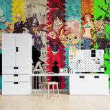 Manga wall mural showcased in a teen bedroom with cool LED lighting effects