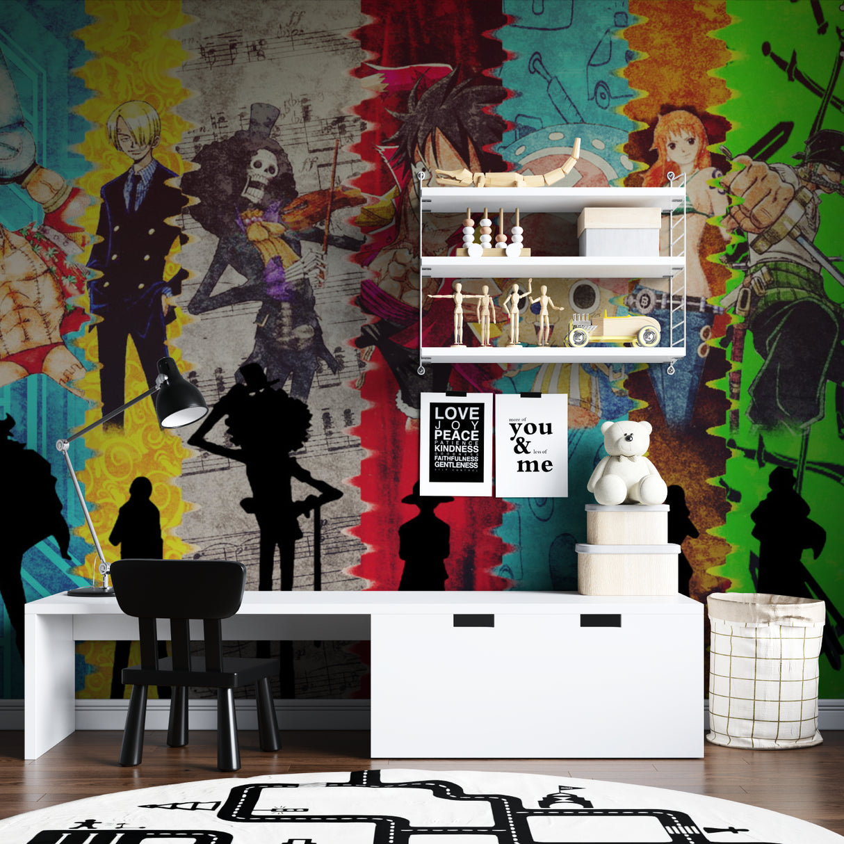 Watercolor anime wallpaper creating atmosphere in a stylish entertainment room