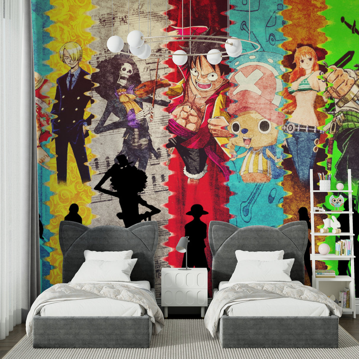 One Piece characters wall mural displayed in a cozy reading nook setup