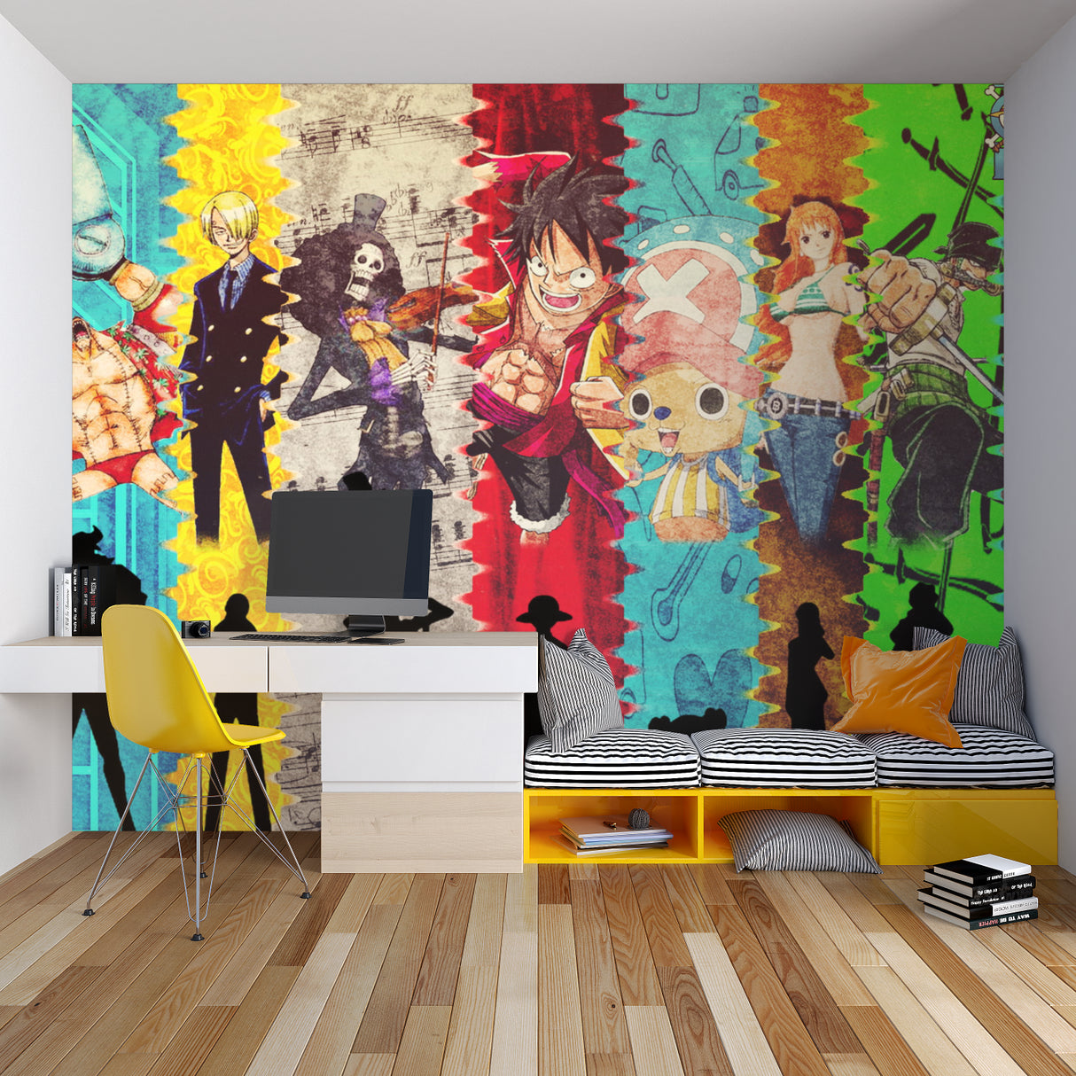Anime wall art bringing personality to a modern home office space