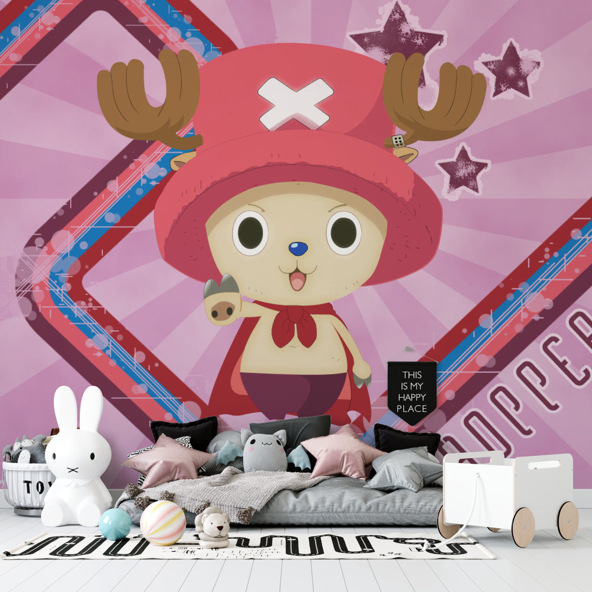 One Piece Chopper anime wallpaper bringing joy to a modern teen bedroom with pink and purple accents