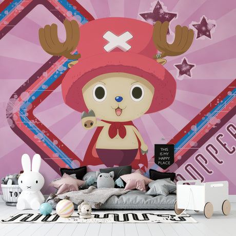One Piece Chopper anime wallpaper bringing joy to a modern teen bedroom with pink and purple accents