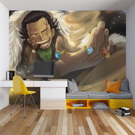 One Piece anime wallpaper creating a bold statement in a modern gaming room setup