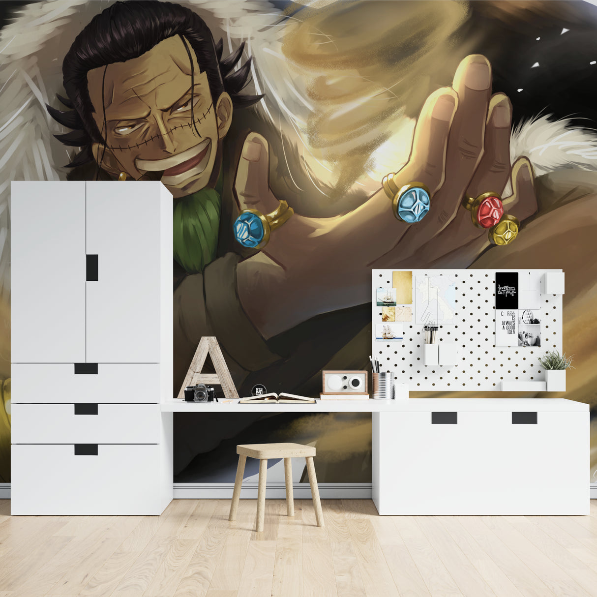 Manga wall mural showcased in a teen bedroom with dramatic lighting effects