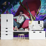 Anime mural wallpaper transforming a modern gaming room with purple and crimson fantasy elements