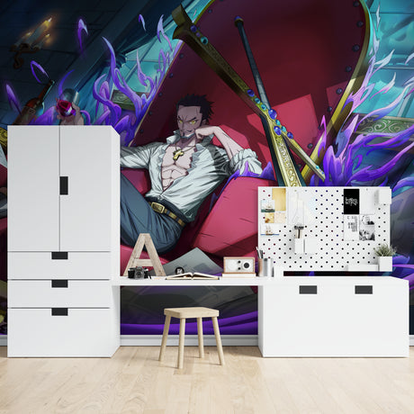 Anime mural wallpaper transforming a modern gaming room with purple and crimson fantasy elements