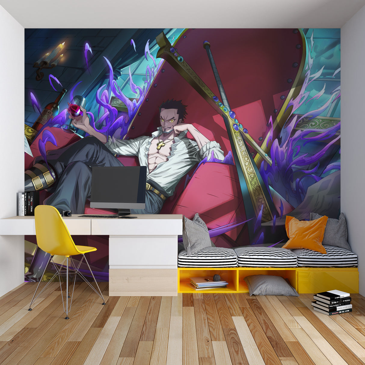Japanese anime wall mural creating drama in a teen bedroom with mystical accents