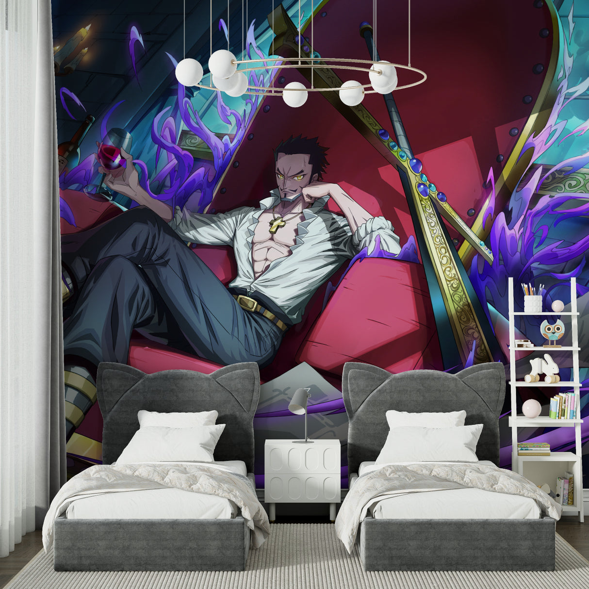 Dark fantasy anime mural adding character to a entertainment room setup