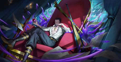 Design file showing detailed anime fantasy pattern with purple flames and golden accents