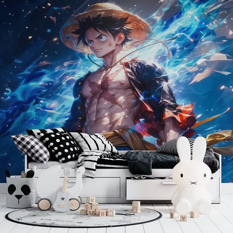 Electric blue anime battle mural wallpaper in modern gaming room with dramatic lighting