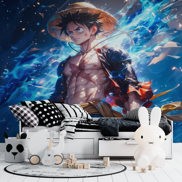 Electric blue anime battle mural wallpaper in modern gaming room with dramatic lighting