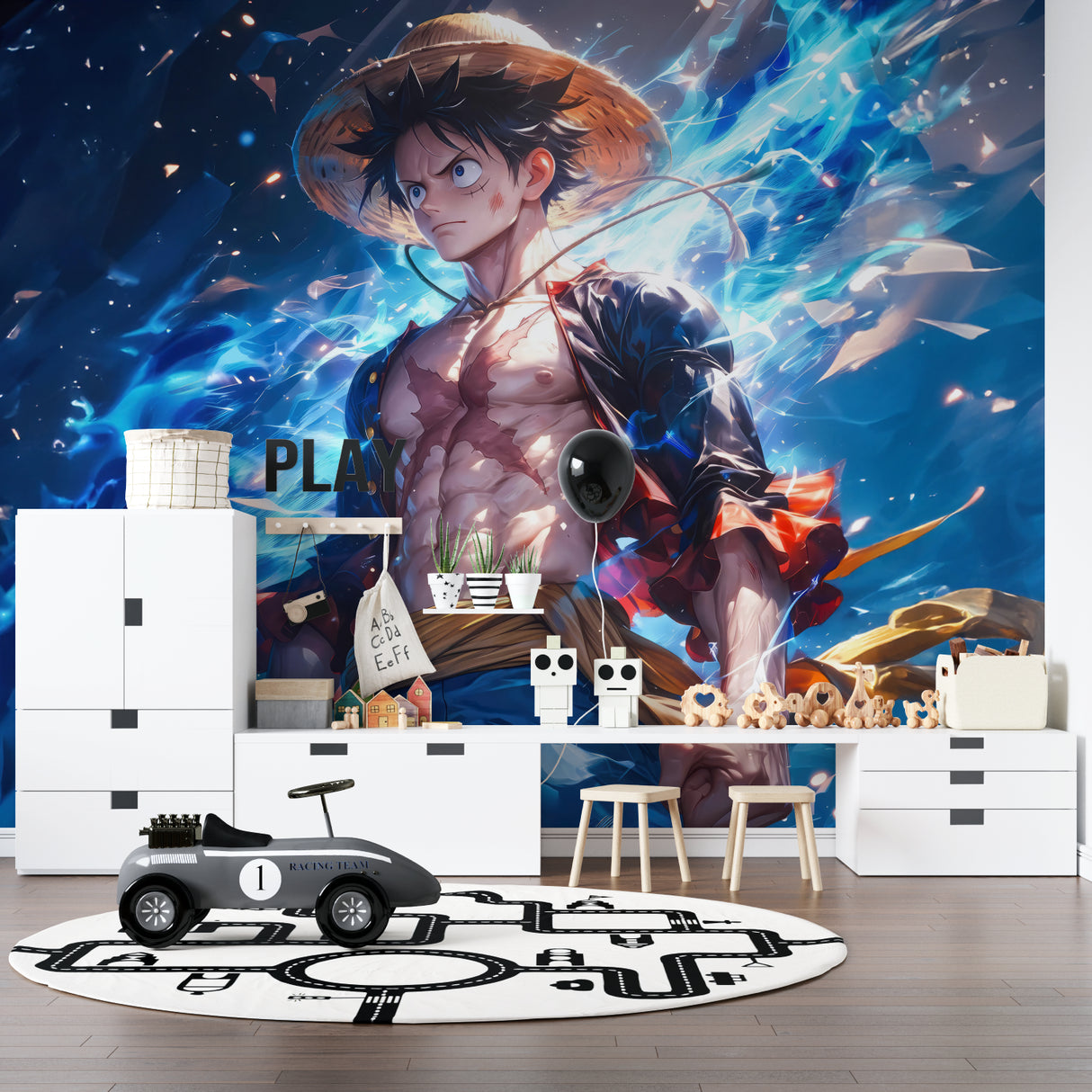 Anime wall mural creating epic atmosphere in teen bedroom with LED strips