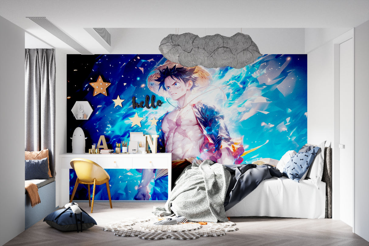 Manga battle scene wallpaper transforming study room with blue tones