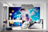 Manga battle scene wallpaper transforming study room with blue tones