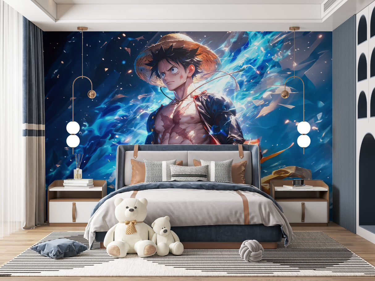 Japanese anime mural in entertainment room showing scale and impact
