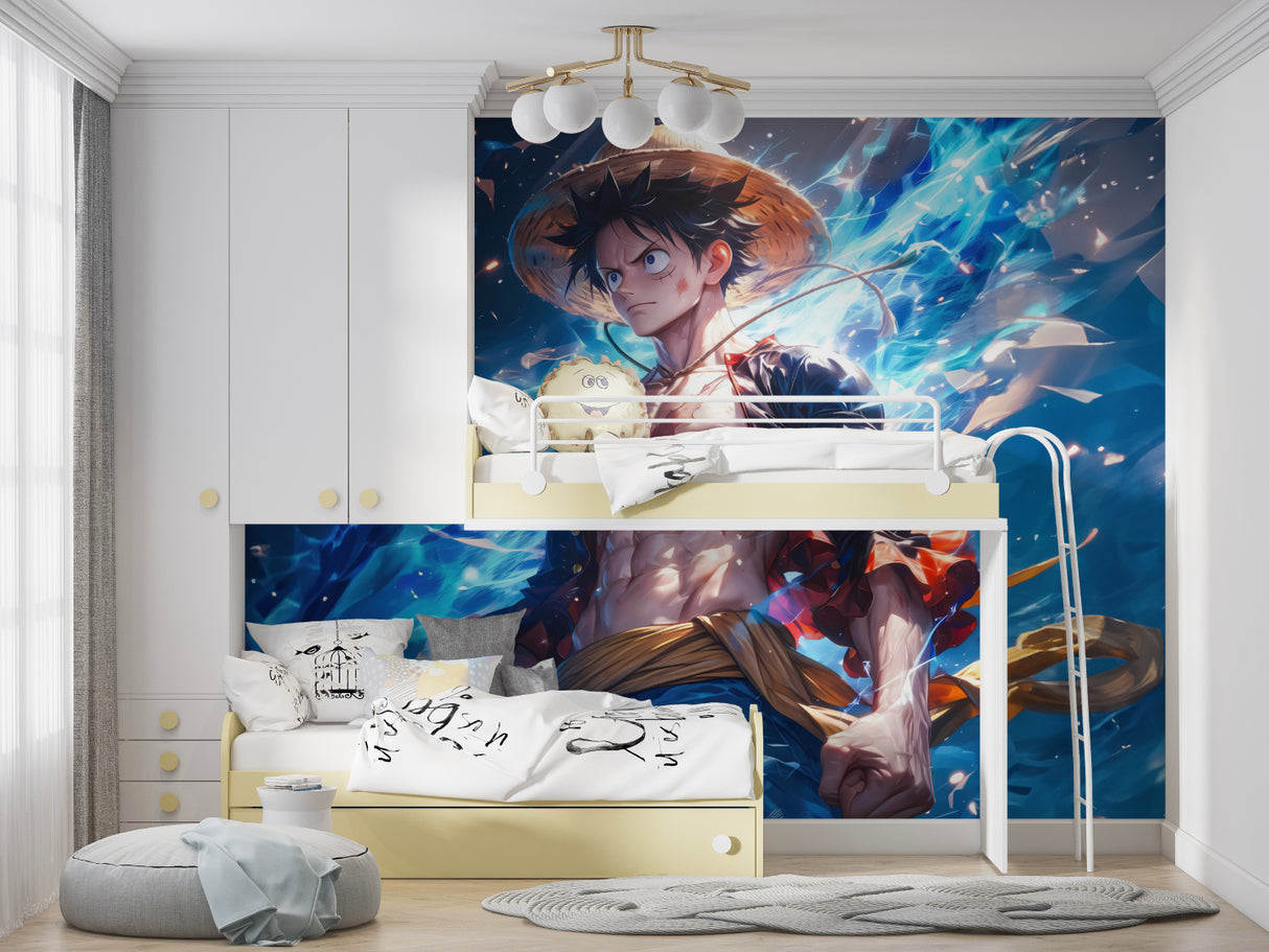 Anime battle wallpaper creating focal point in modern living room
