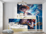Anime battle wallpaper creating focal point in modern living room