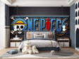 One Piece anime wallpaper mural creating a bold statement in a modern gaming room with LED lighting
