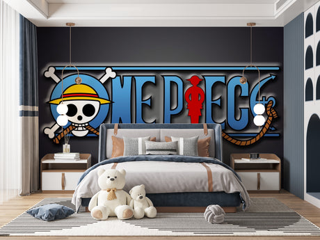 One Piece anime wallpaper mural creating a bold statement in a modern gaming room with LED lighting