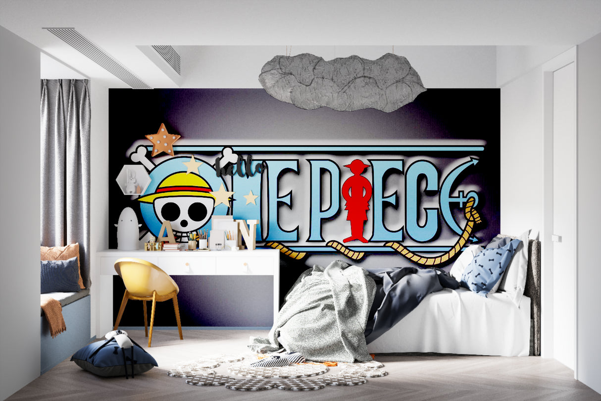 One Piece wall art displayed in a fan cave with gaming setup