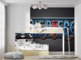 Anime wallpaper mural showcased in a cool entertainment room setting