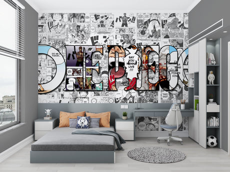 One Piece manga wallpaper creating an epic focal point in a modern teen bedroom