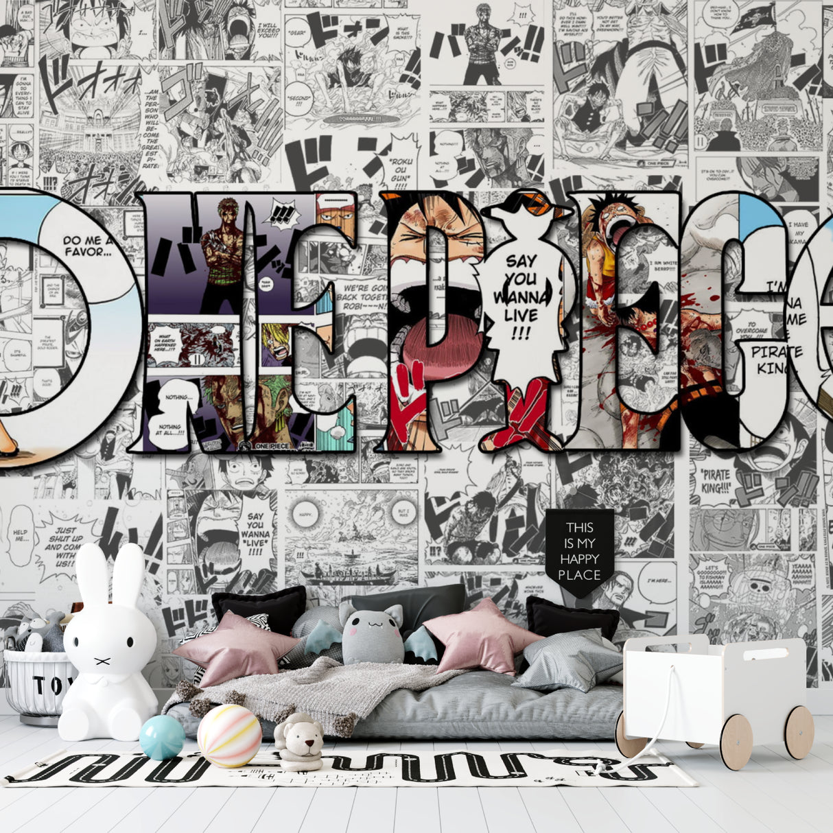 Manga mural adding personality to a contemporary study space
