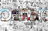 One Piece manga design file showing detailed comic panels and vibrant character artwork