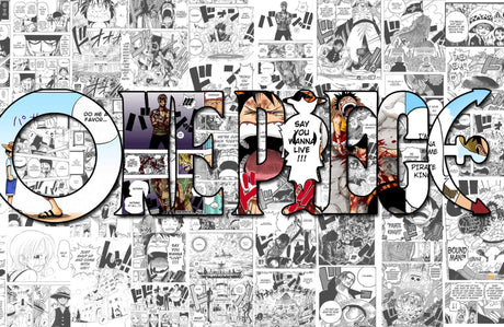 One Piece manga design file showing detailed comic panels and vibrant character artwork