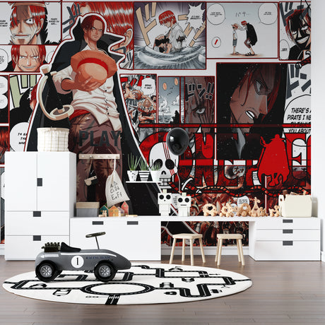 Manga wallpaper bringing epic style to a modern gaming room with red and black comic panels
