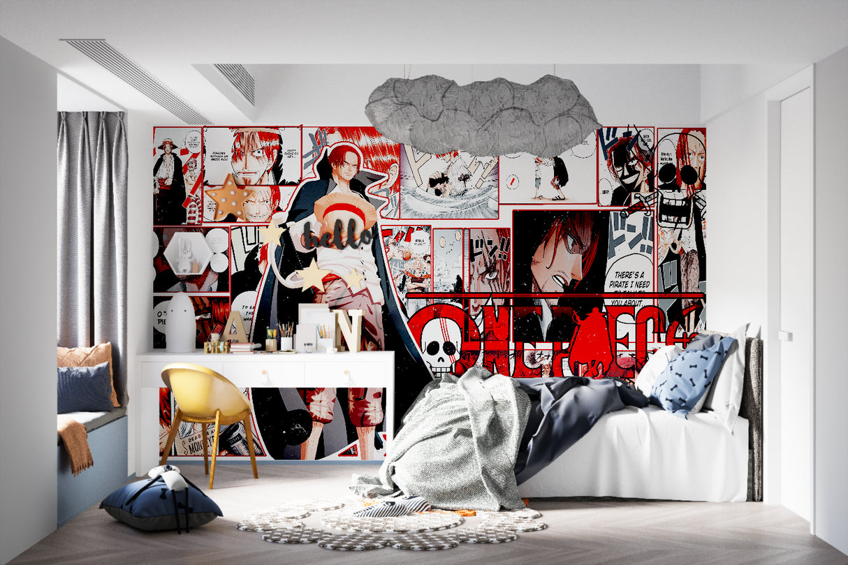 Anime wall mural making a bold statement in a teen bedroom with dramatic manga artwork
