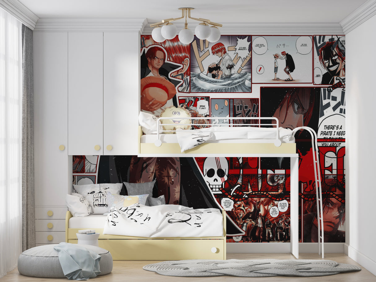 Anime wallpaper adding character to a media room with bold manga graphics