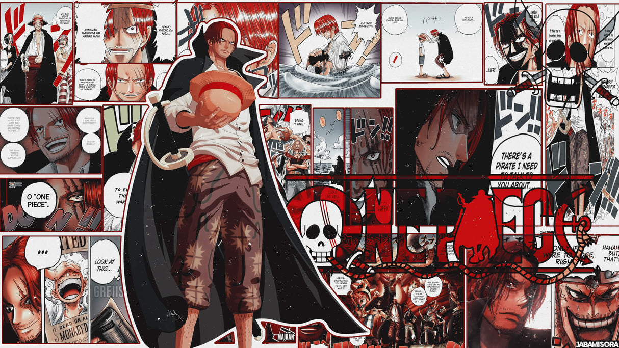 Design file of One Piece manga wallpaper showing detailed comic panels and red accents