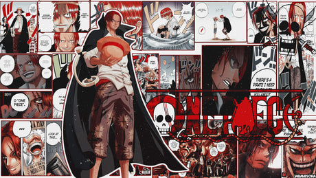 Design file of One Piece manga wallpaper showing detailed comic panels and red accents