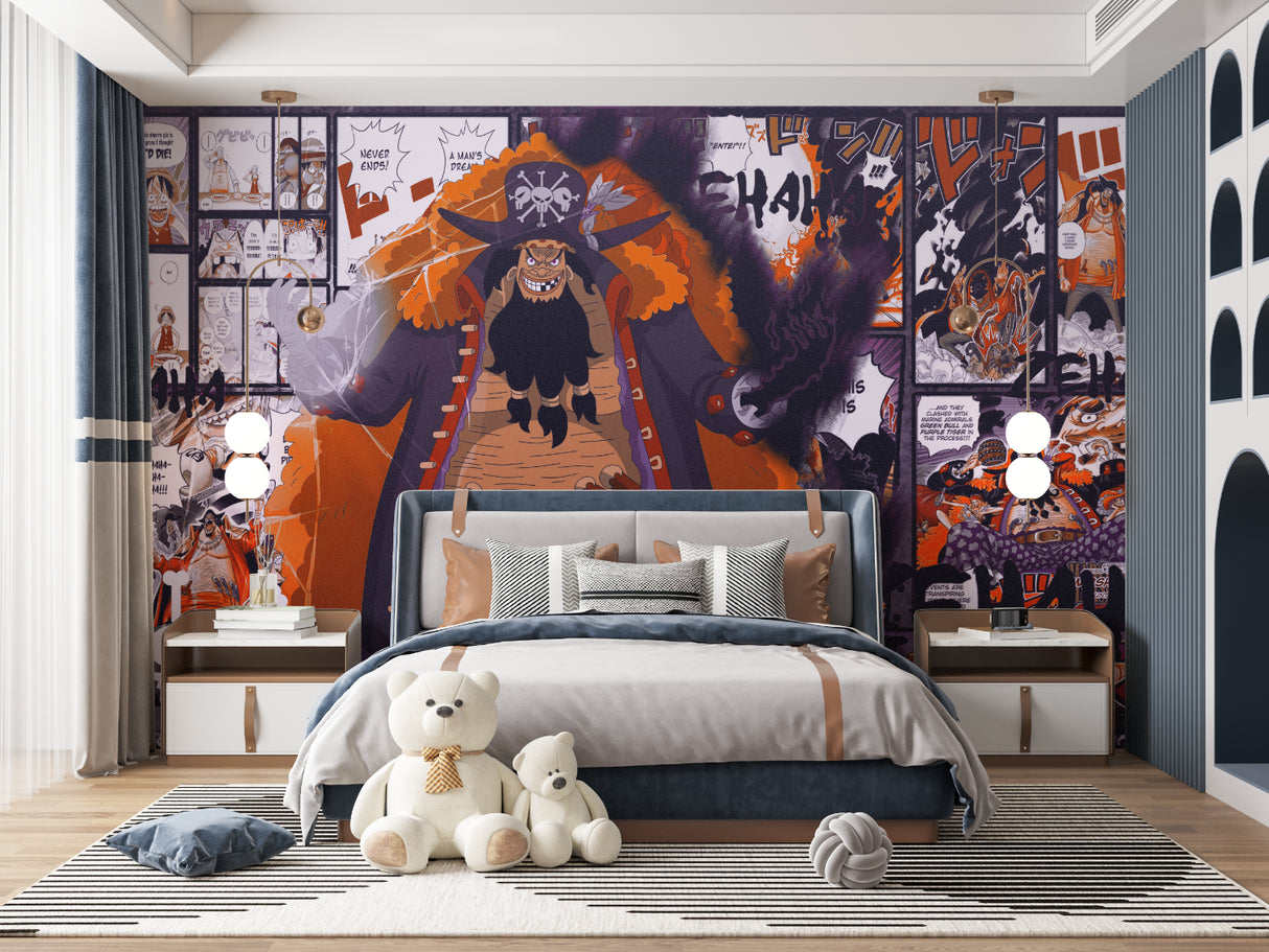 Anime wall design making statement in cool hangout space with bean bags