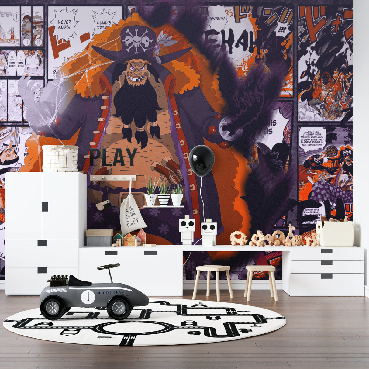 Japanese anime mural adding energy to entertainment room corner