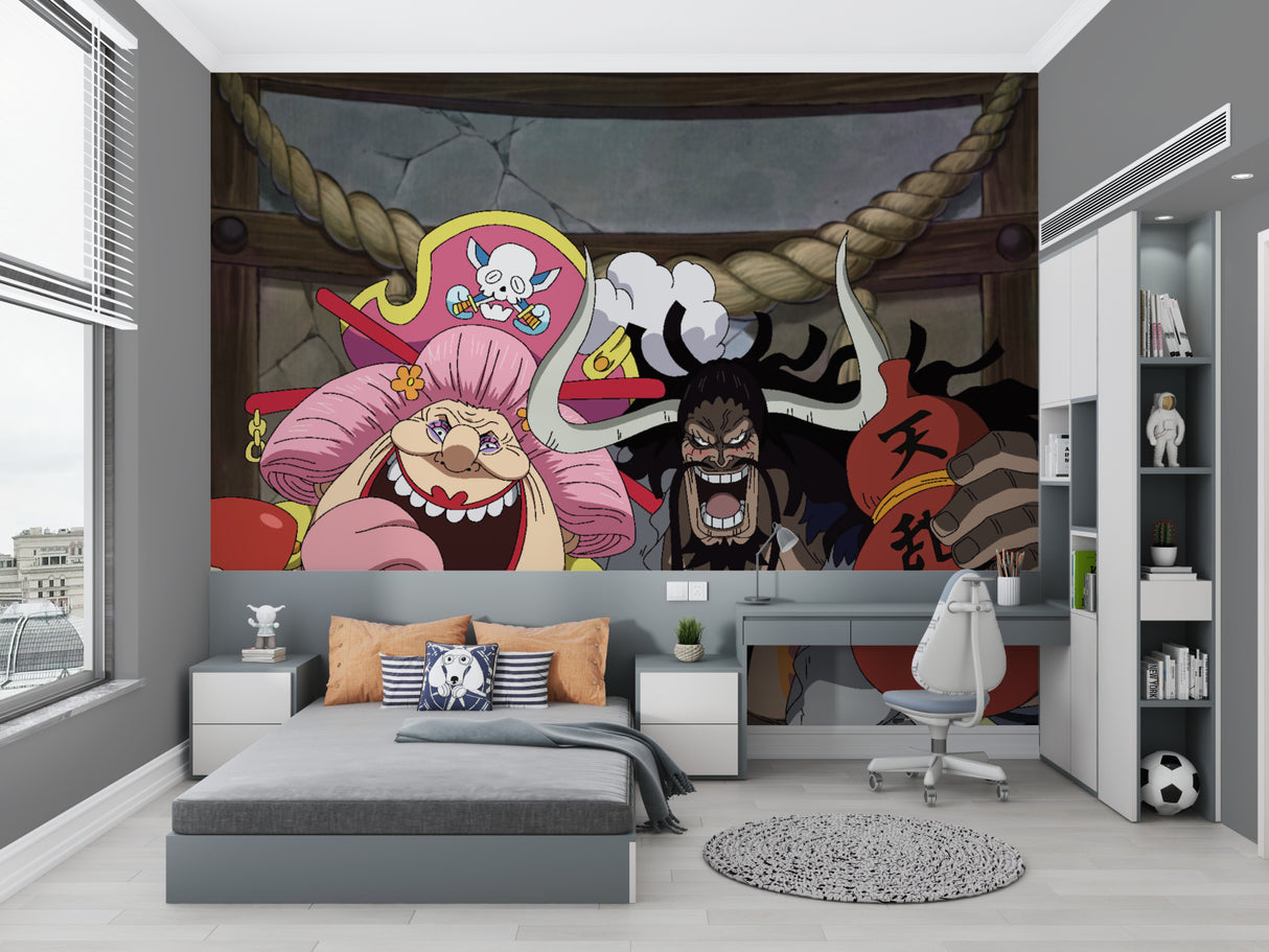 Japanese manga wallpaper showcased in cool hangout space with bean bags