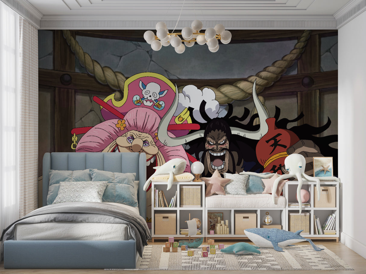 One Piece wall design making statement in entertainment room corner view