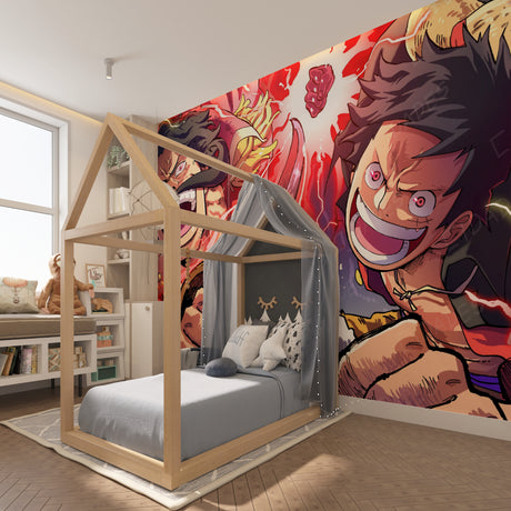 One Piece anime wallpaper mural displayed in a modern teen bedroom, showing vibrant character art