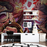 Manga wall mural bringing energy to a gaming room setup with LED lighting