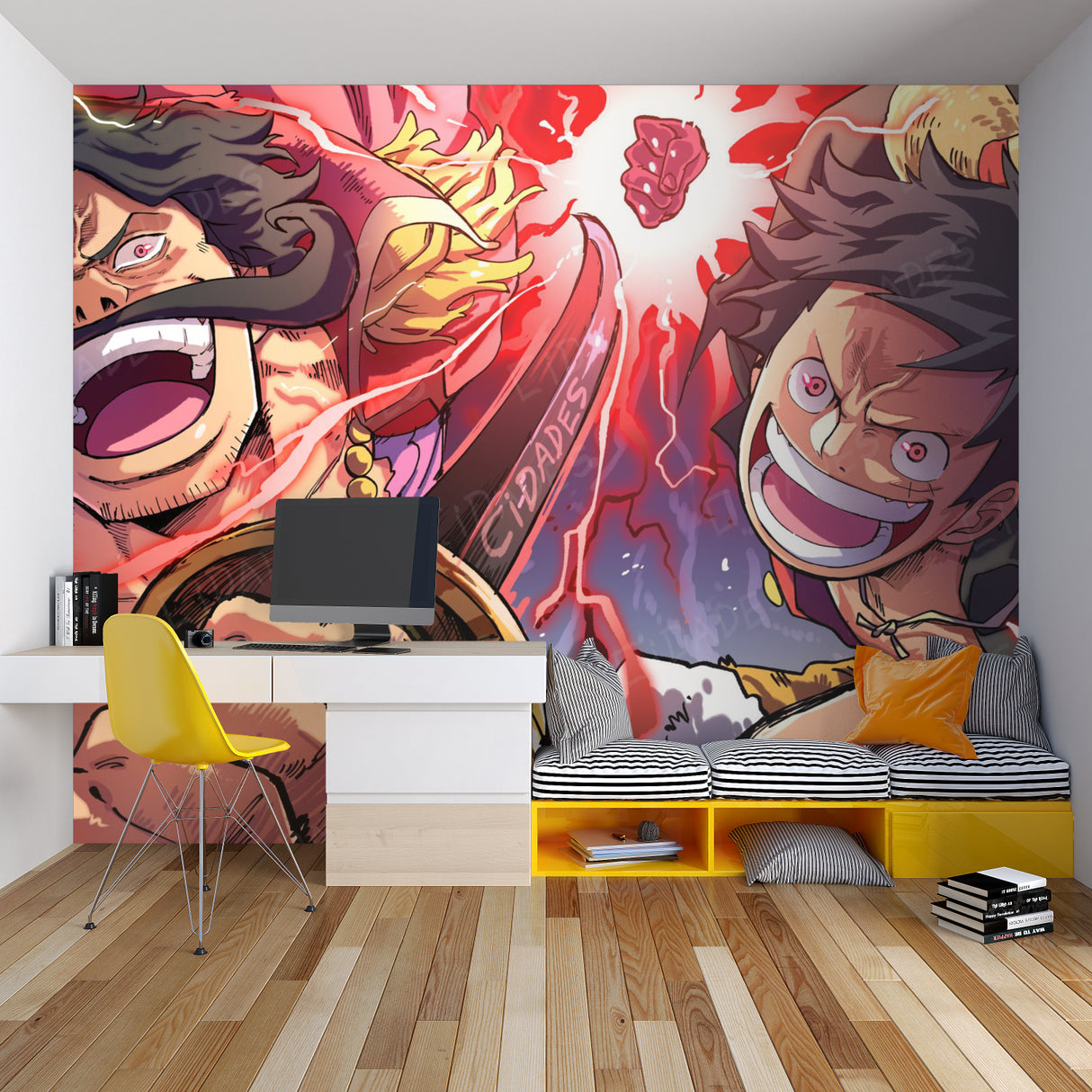 One Piece pirates mural creating an epic atmosphere in a fan collection room