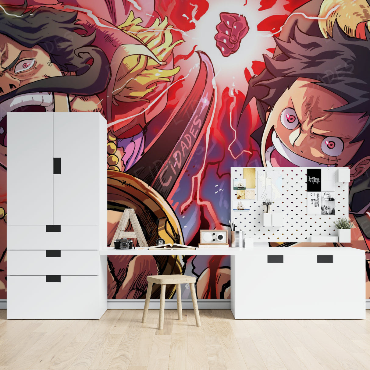 Anime wall mural showcased in a modern entertainment room with gaming setup