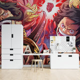 Anime wall mural showcased in a modern entertainment room with gaming setup
