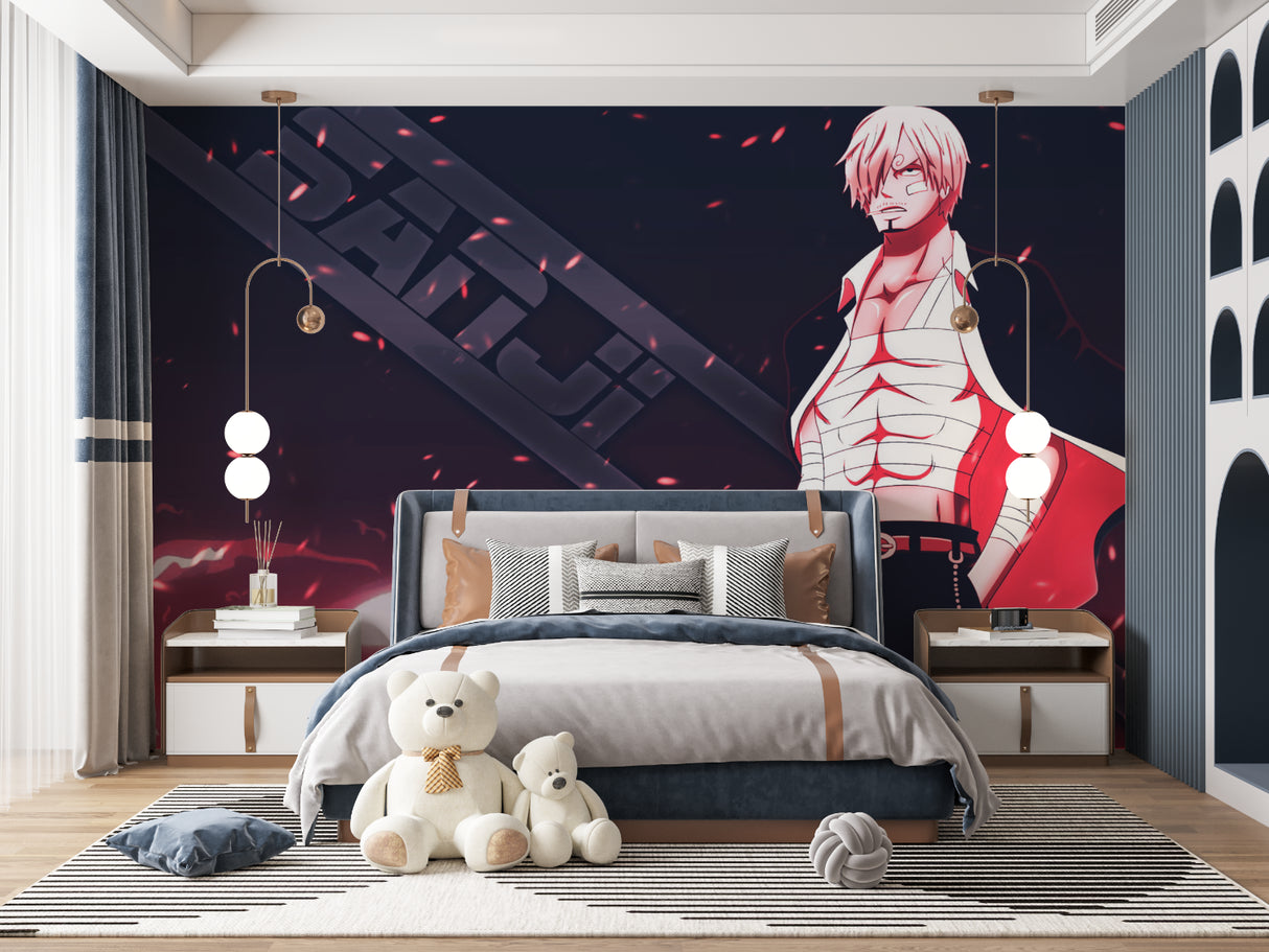 Manga wallpaper installation in a contemporary entertainment room