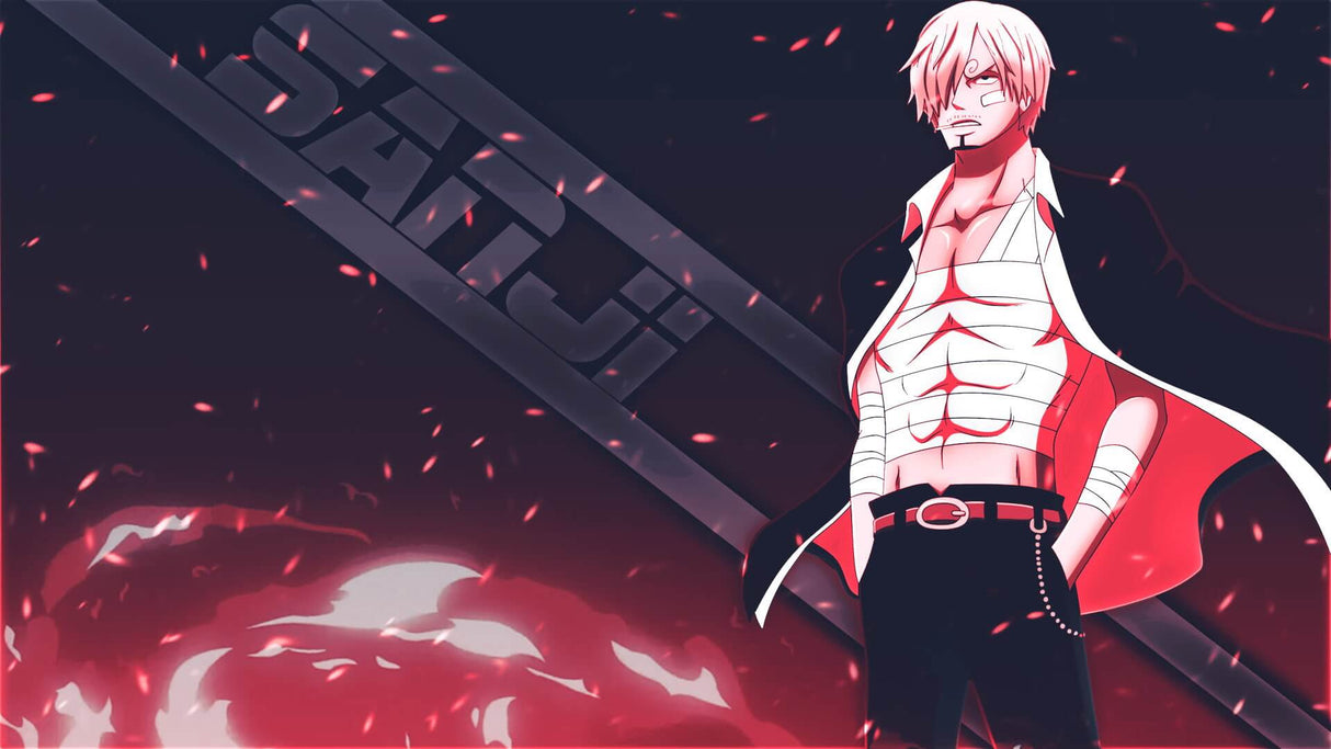 Design file showing Sanji character with cherry blossom details and dynamic composition