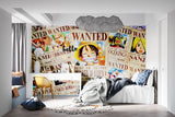 Anime wall mural featuring One Piece wanted posters in teen bedroom, showing scale and impact