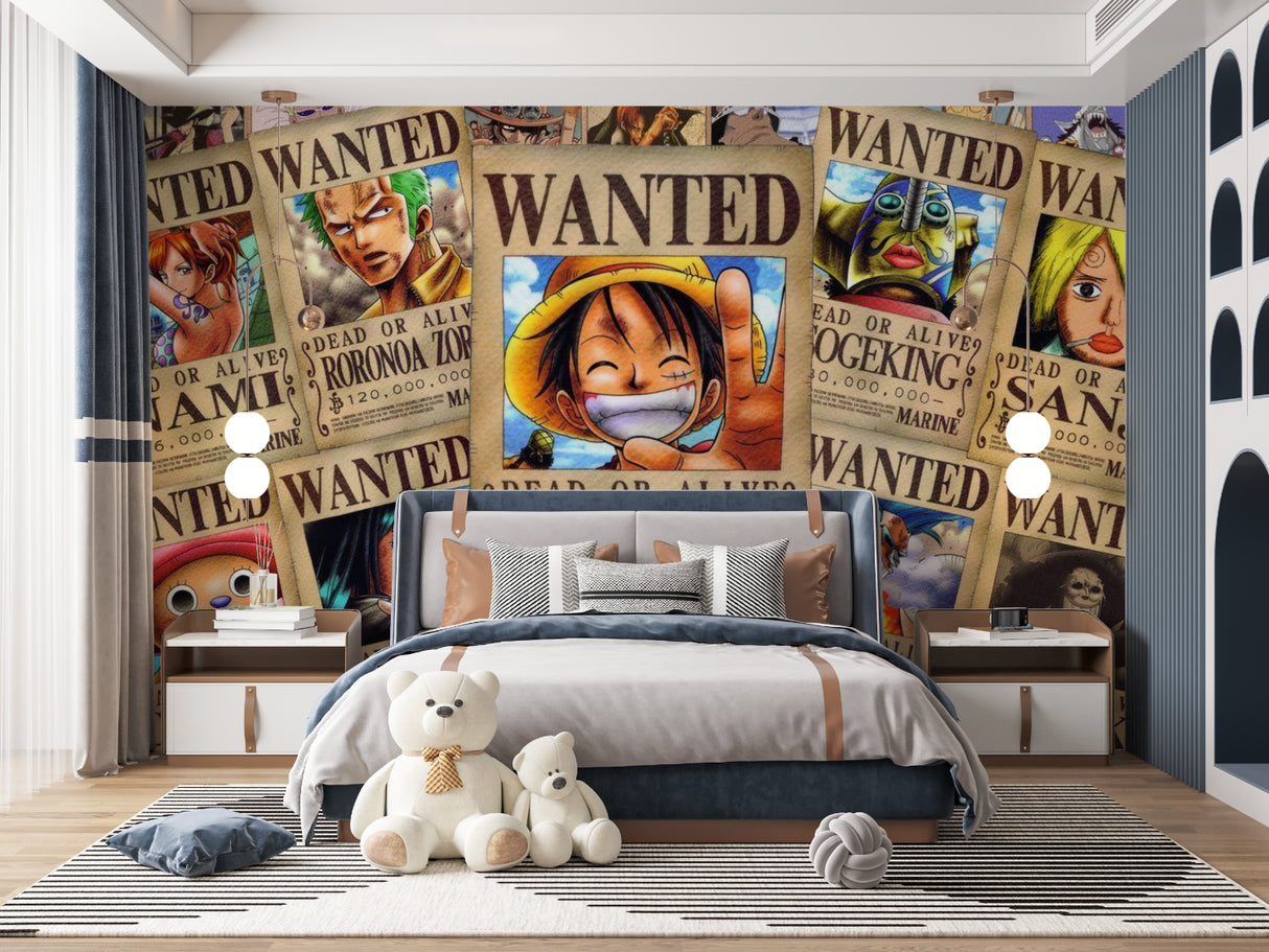 Manga wallpaper with One Piece wanted posters in entertainment room, highlighting color vibrancy
