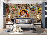 Manga wallpaper with One Piece wanted posters in entertainment room, highlighting color vibrancy