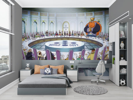 One Piece anime wallpaper mural displayed in a modern gaming room with LED lighting